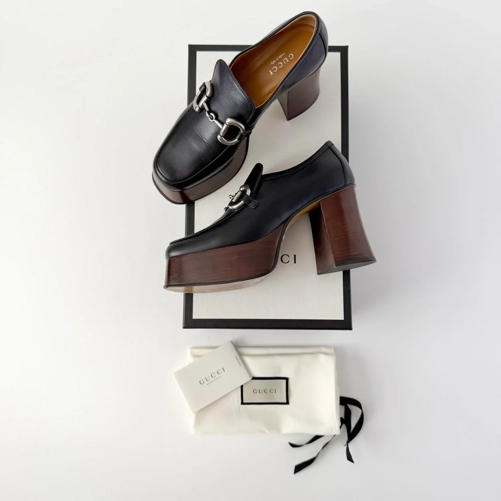 GUCCI | Black Leather Horsebit Platform Loafers Block Heel EU 37.5‎